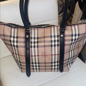Burberry Beige Check Tote with Black Trim and Pink Accent